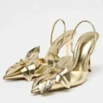 Metallic Gold 3D Floral Appliqué Pointed-Toe Slingback Stiletto Pumps