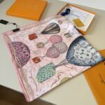 Louis Vuitton Hot Air Balloon Travel Flight Luxury Silk Square Scarf in Pastel Rose Pink & Multi-Tone Trunks (90cm x 90cm)