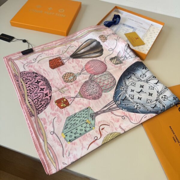 Louis Vuitton Hot Air Balloon Travel Flight Luxury Silk Square Scarf in Pastel Rose Pink & Multi-Tone Trunks (90cm x 90cm)