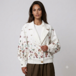 White Cotton Twill Sequin Floral Embroidered Bomber Jacket with Notched Lapel