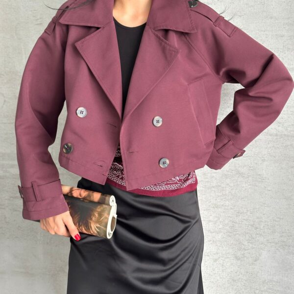 Burgundy Cropped Double-Breasted Trench Jacket with Bandana Hem Detail