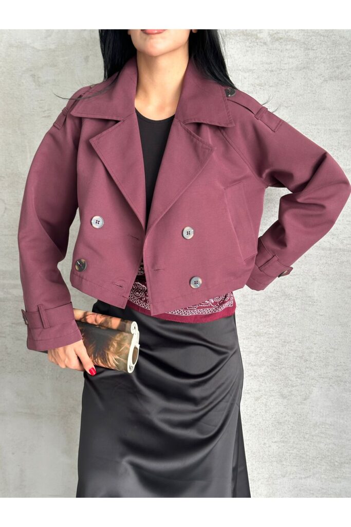 Burgundy Cropped Double-Breasted Trench Jacket with Bandana Hem Detail