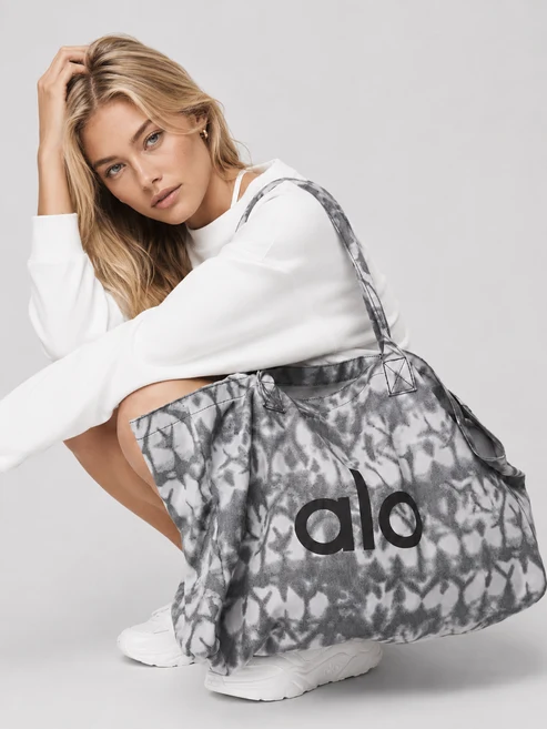 Alo Yoga Tie-Dye Canvas Large Shopper Tote Bag in Grey & White