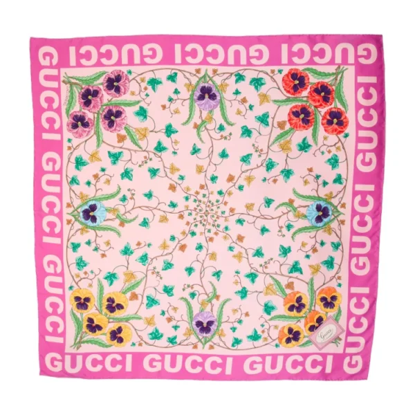 Gucci Flora Botanical Ivy & Pansy Blossom Luxury Silk Square Scarf in Candy Fuchsia Pink & Pastel Blush (90cm x 90cm)