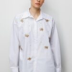 White Crystal Butterfly & Pearl Embellished Poplin Button-Down Shirt