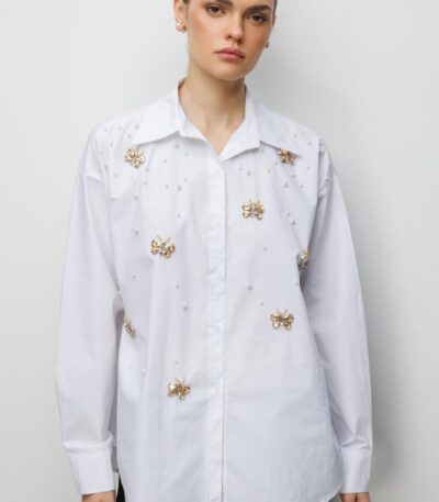 White Crystal Butterfly & Pearl Embellished Poplin Button-Down Shirt