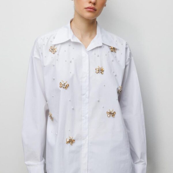 White Crystal Butterfly & Pearl Embellished Poplin Button-Down Shirt
