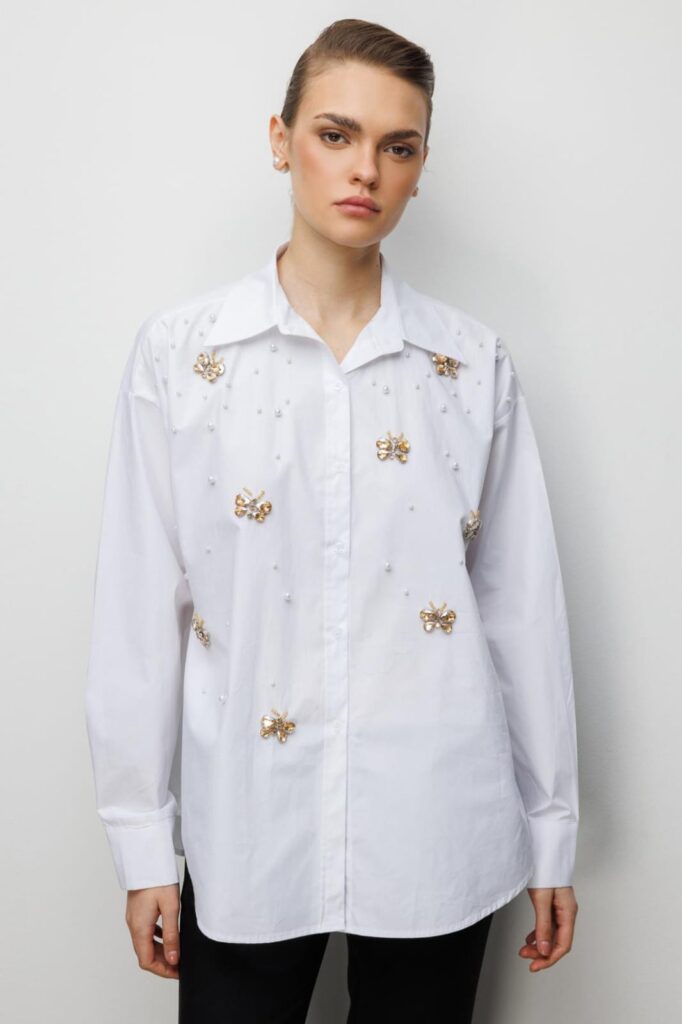 White Crystal Butterfly & Pearl Embellished Poplin Button-Down Shirt