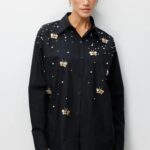 Black Crystal Butterfly & Pearl Embellished Poplin Button-Down Shirt