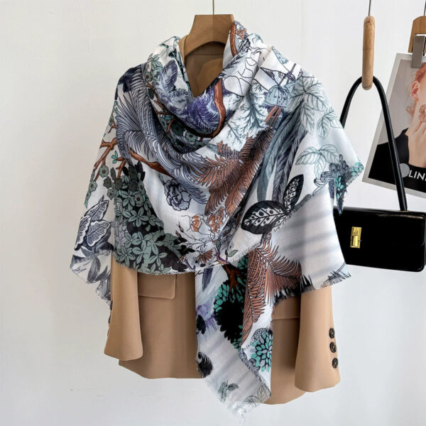 Tropical Enchanted Forest Botanical Luxury Square Shawl Scarf in Ice Blue, Sage & Earth Tones with Fringed Hem (135cm x 135cm)