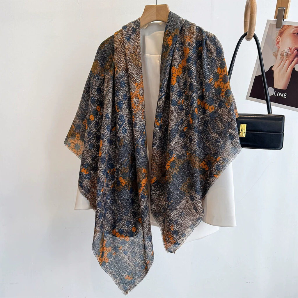 Boho Mandala Floral Pattern Luxury Square Shawl Scarf in Charcoal Grey & Ochre Orange with Fringed Hem (135cm x 135cm)