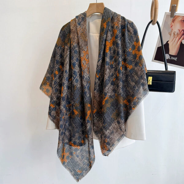 Boho Mandala Floral Pattern Luxury Square Shawl Scarf in Charcoal Grey & Ochre Orange with Fringed Hem (135cm x 135cm)