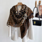 Classic Leopard Animal Print Luxury Square Shawl Scarf in Warm Honey & Espresso with Raw Fringed Hem (130cm x 130cm)