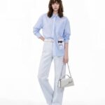 Light Blue Striped Choupette Cat Graphic Long-Sleeve Cotton Shirt