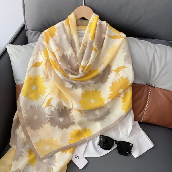 Sunflower Silhouette Botanical Luxury Long Shawl Scarf in Butter Yellow & Soft Taupe with Sand Border (180cm x 90cm)