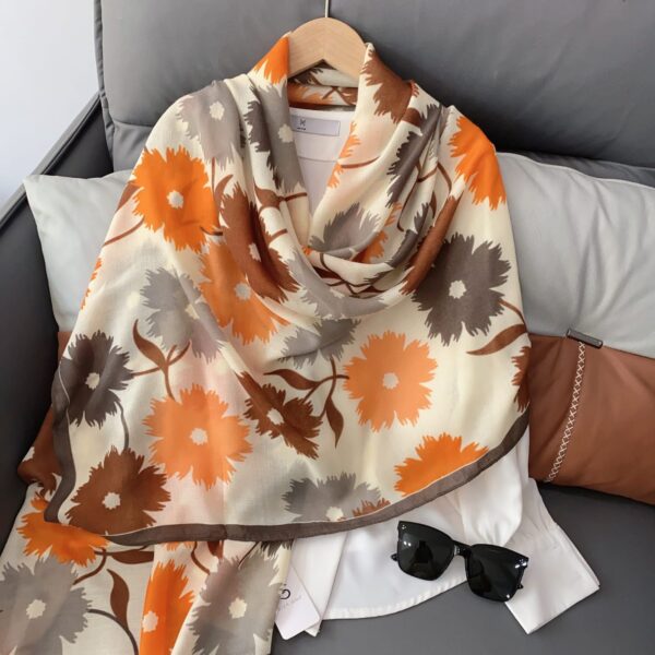 Autumnal Sunflower Botanical Luxury Long Shawl Scarf in Terracotta Orange, Mocha & Taupe with Cocoa Border (180cm x 90cm)