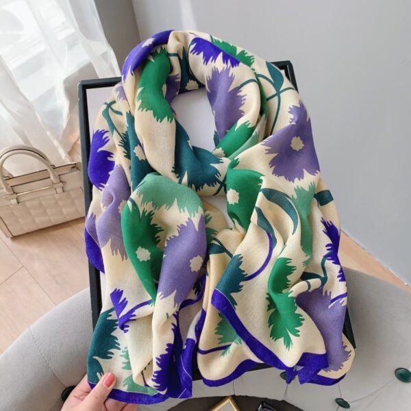 Botanical Floral Silhouette Luxury Long Shawl Scarf in Royal Purple, Lavender & Emerald Green with Violet Border (180cm x 90cm)
