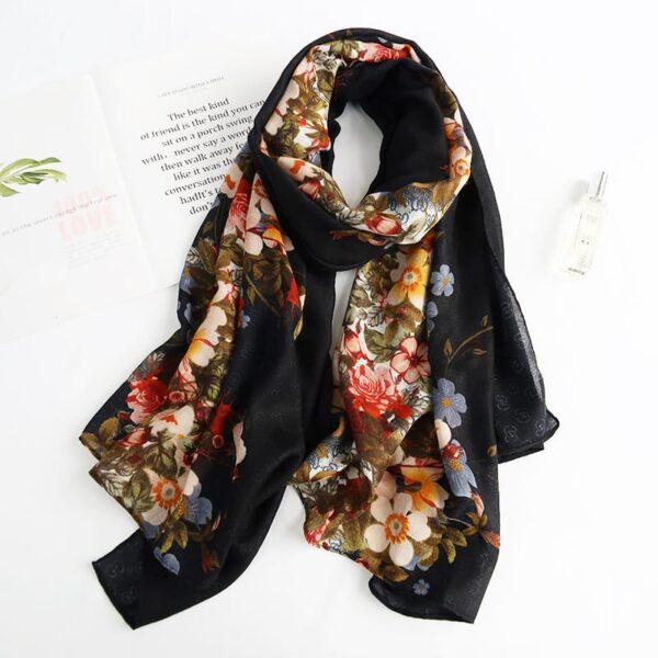 Gucci Flora Bloom GG Monogram Luxury Long Shawl Scarf in Noir Black with Vibrant Meadow Florals (180cm x 90cm)
