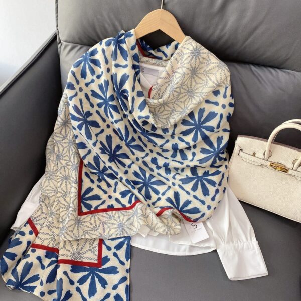 Mediterranean Mosaic Geometric Floral Luxury Long Shawl Scarf in Indigo Blue & Cream with Burgundy Stripe Accent (180cm x 90cm)