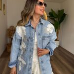 White Beaded Floral Embroidered Oversized Denim Shacket