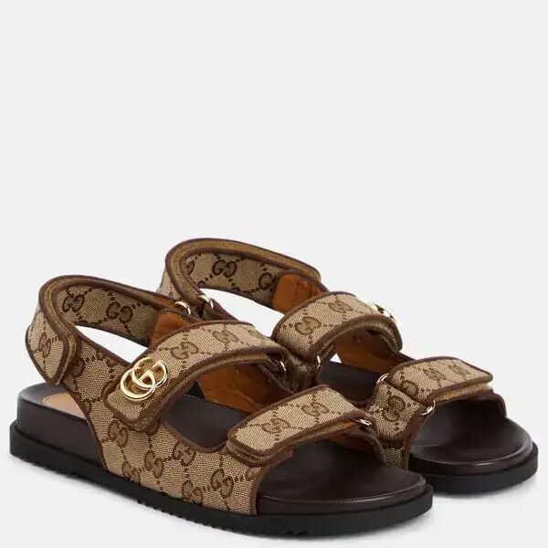 Gucci Original GG Canvas Double-Strap Flat Slingback Sandals with Double G Logo