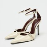 Ecru Patent Pointed-Toe Mary Jane Stiletto Pumps with Double Buckled Straps