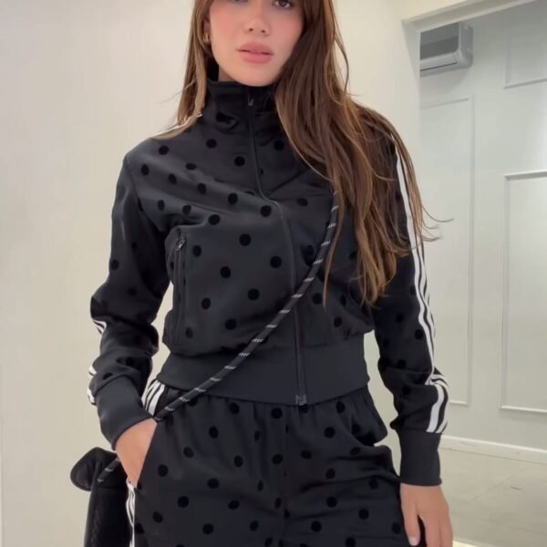 Black Velvet Flocked Polka Dot Two-Piece Tracksuit Set – Mirror Original Quality with White Side Stripes