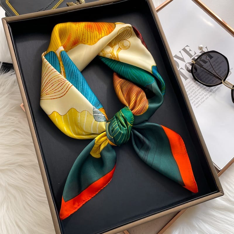 Ginkgo Biloba Leaf Botanical Print Silk Twill Square Scarf with Orange Border