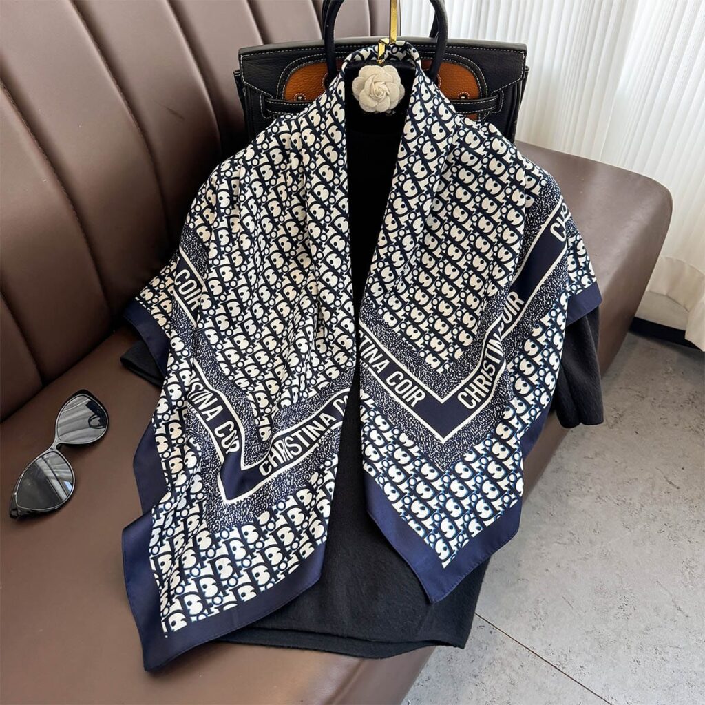 Navy Blue Monogram Oblique Print Silk Twill Square Scarf (90cm x 90cm)