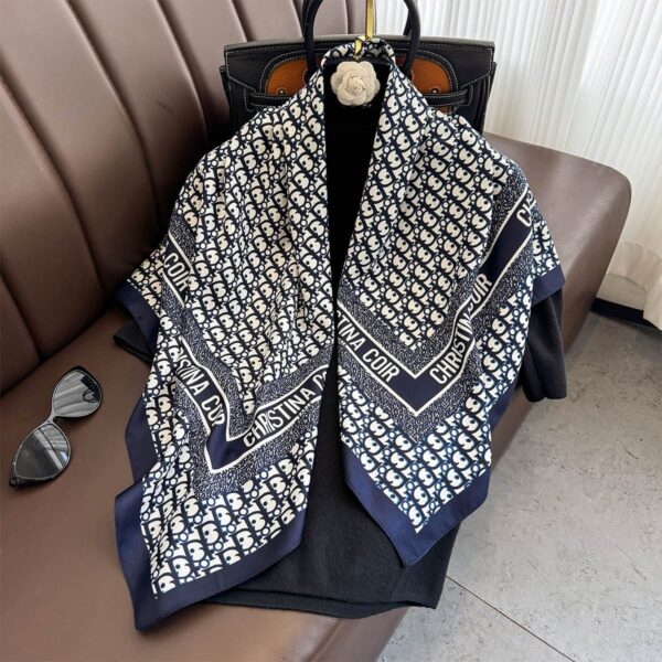 Navy Blue Monogram Oblique Print Silk Twill Square Scarf (90cm x 90cm)