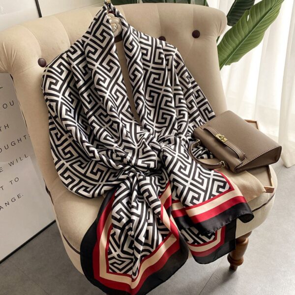 Monochrome Geometric Greek Key Luxury Long Satin Shawl Scarf with Crimson Border (180cm x 90cm)