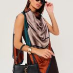 Geometric Houndstooth Color-Block Luxury Satin Shawl Scarf in Emerald, Ochre & Champagne (180cm x 90cm)