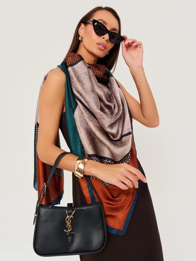 Geometric Houndstooth Color-Block Luxury Satin Shawl Scarf in Emerald, Ochre & Champagne (180cm x 90cm)