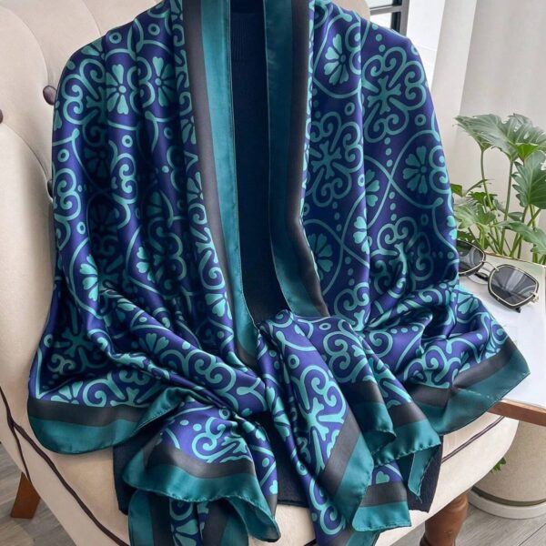 Royal Blue & Emerald Green Damask Arabesque Luxury Satin Shawl Scarf (180cm x 90cm)