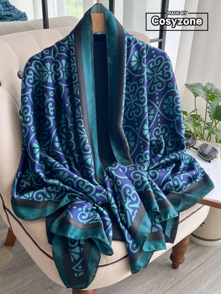 Royal Blue & Emerald Green Damask Arabesque Luxury Satin Shawl Scarf (180cm x 90cm)