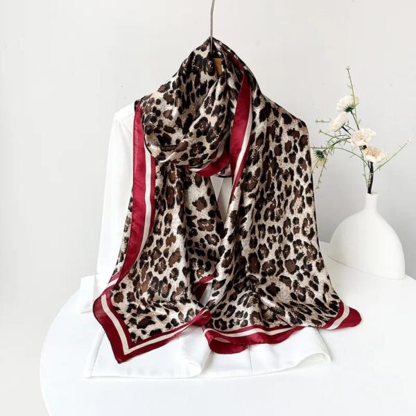 Classic Leopard Print Luxury Long Satin Shawl Scarf with Burgundy Border (180cm x 90cm)