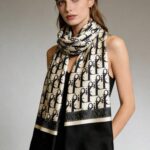 Black & Champagne Gold Monogram Oblique Luxury Satin Shawl Scarf (180cm x 90cm)