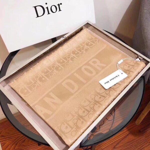 Dior Oblique Monogram Tone-on-Tone Luxury Silk-Cotton Long Shawl Scarf in Warm Camel Beige with Fringed Hem (180cm x 70cm)