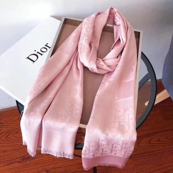 Dior Oblique Monogram Tone-on-Tone Luxury Silk-Cotton Long Shawl Scarf in Powder Pink with Fringed Hem (180cm x 70cm)
