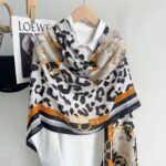 Monochrome Leopard & Equestrian Belt Chain Print Luxury Square Shawl Scarf with Mustard Gold & Striped Border (135cm x 135cm)