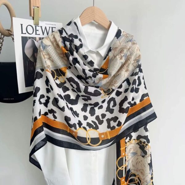 Monochrome Leopard & Equestrian Belt Chain Print Luxury Square Shawl Scarf with Mustard Gold & Striped Border (135cm x 135cm)