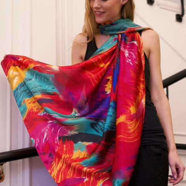 Tropical Feathered Abstract Multicolored Silk Touch Sarong Shawl & Beach Wrap with Corner Tassels (180cm x 90cm)