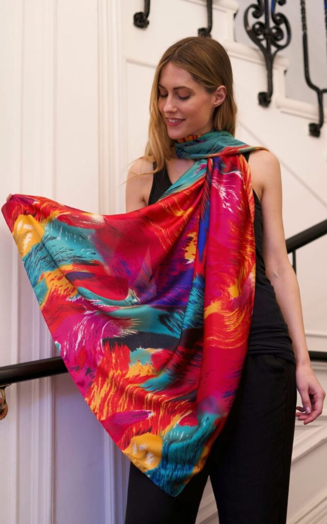 Tropical Feathered Abstract Multicolored Silk Touch Sarong Shawl & Beach Wrap with Corner Tassels (180cm x 90cm)