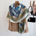 Mediterranean Renaissance Chain & Paisley Baroque Luxury Square Shawl Scarf in Royal Blue, Turquoise & Ochre Gold with Ivory Border (130cm x 130cm)