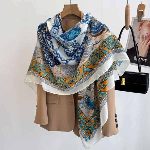 Mediterranean Renaissance Chain & Paisley Baroque Luxury Square Shawl Scarf in Royal Blue, Turquoise & Ochre Gold with Ivory Border (130cm x 130cm)