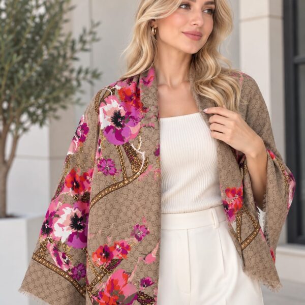 Gucci Flora Monogram GG Print Luxury Wool-Silk Blend Square Shawl Scarf with Fringed Edges (140cm x 140cm)