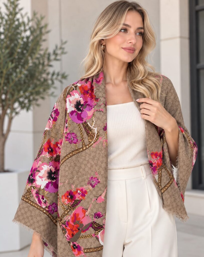 Gucci Flora Monogram GG Print Luxury Wool-Silk Blend Square Shawl Scarf with Fringed Edges (140cm x 140cm)