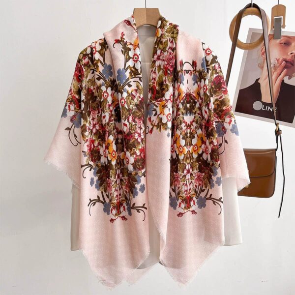 Gucci Flora Monogram GG Pastel Pink Cotton Square Shawl Scarf with Fringed Hem (130cm x 130cm)
