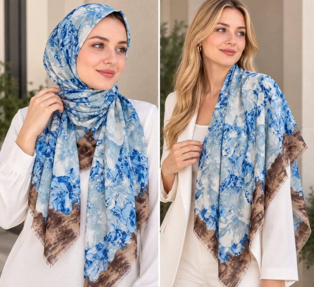 Sky Blue Watercolor Floral Botanical Luxury Square Shawl Scarf with Distressed Mocha Border & Fringed Hem (135cm x 135cm)
