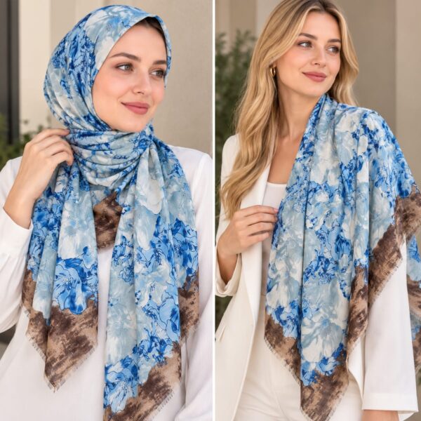 Sky Blue Watercolor Floral Botanical Luxury Square Shawl Scarf with Distressed Mocha Border & Fringed Hem (135cm x 135cm)
